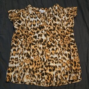 Calvin Klein Animal Print V-Neck Flutter Sleeve Blouse XL Leopard Jaguar Cheetah